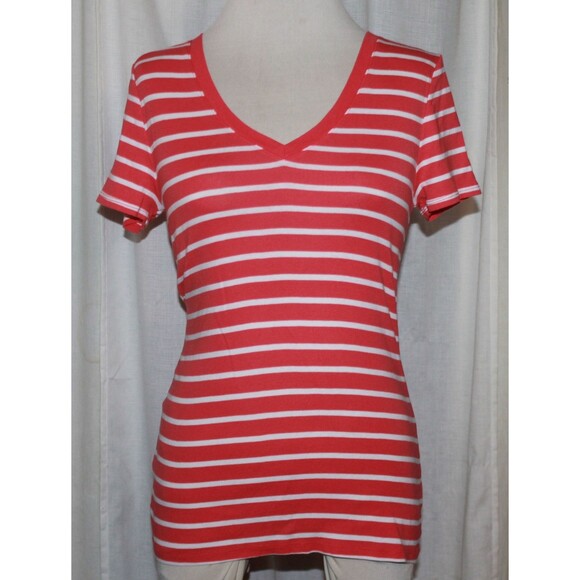 Merona Pink and White Stiped V-Neck Short Sleeve Ultimate Tee Size M - Picture 1 of 2